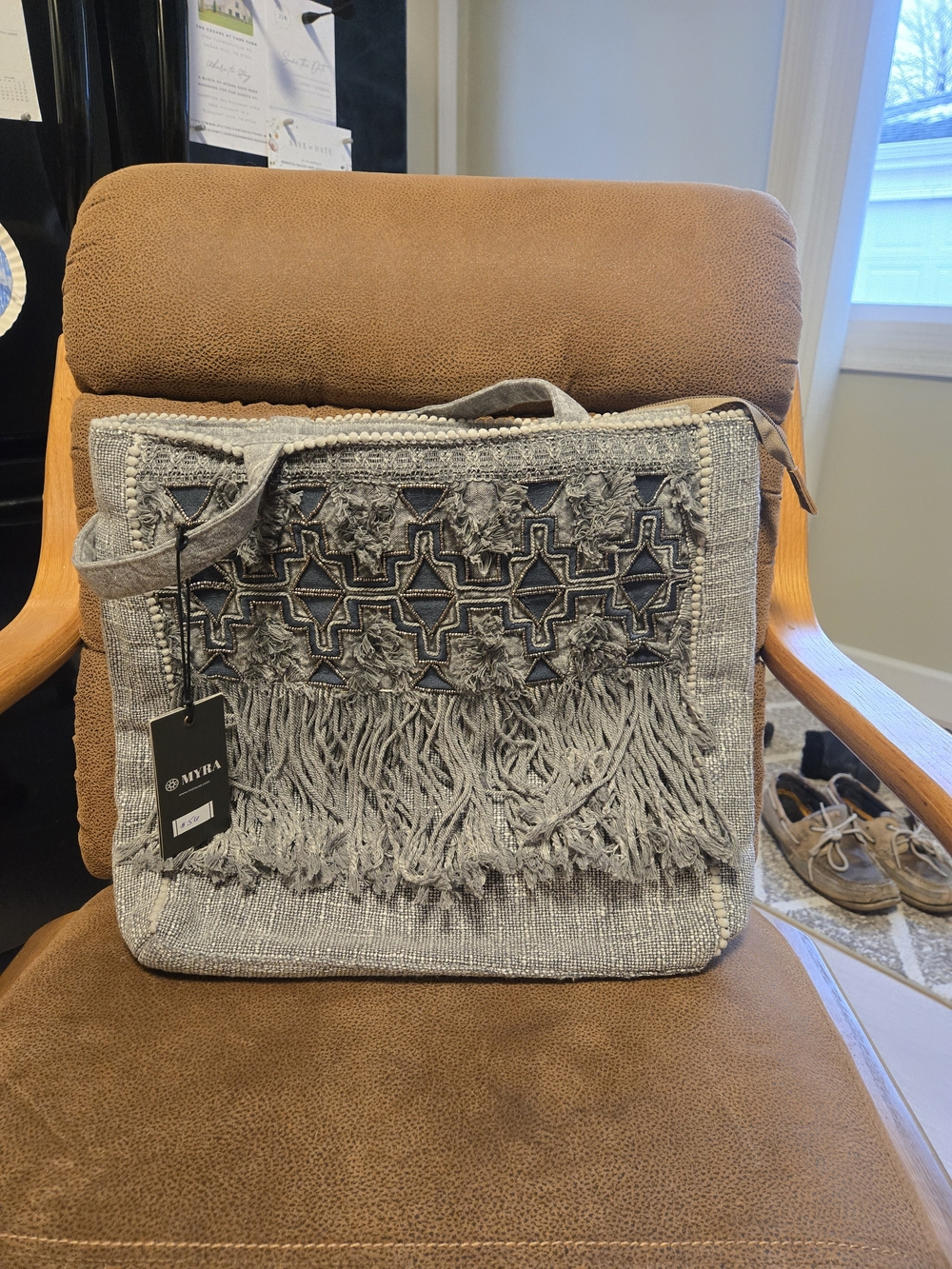Myra Bag Gray Embroidered Fringe Crossbody